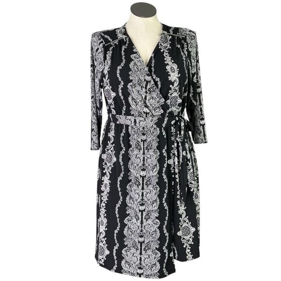 Lane Bryant Wrap Dress Women 14/16 Black White Floral 3/4 Sleeve Belted V Neck - Picture 1 of 8